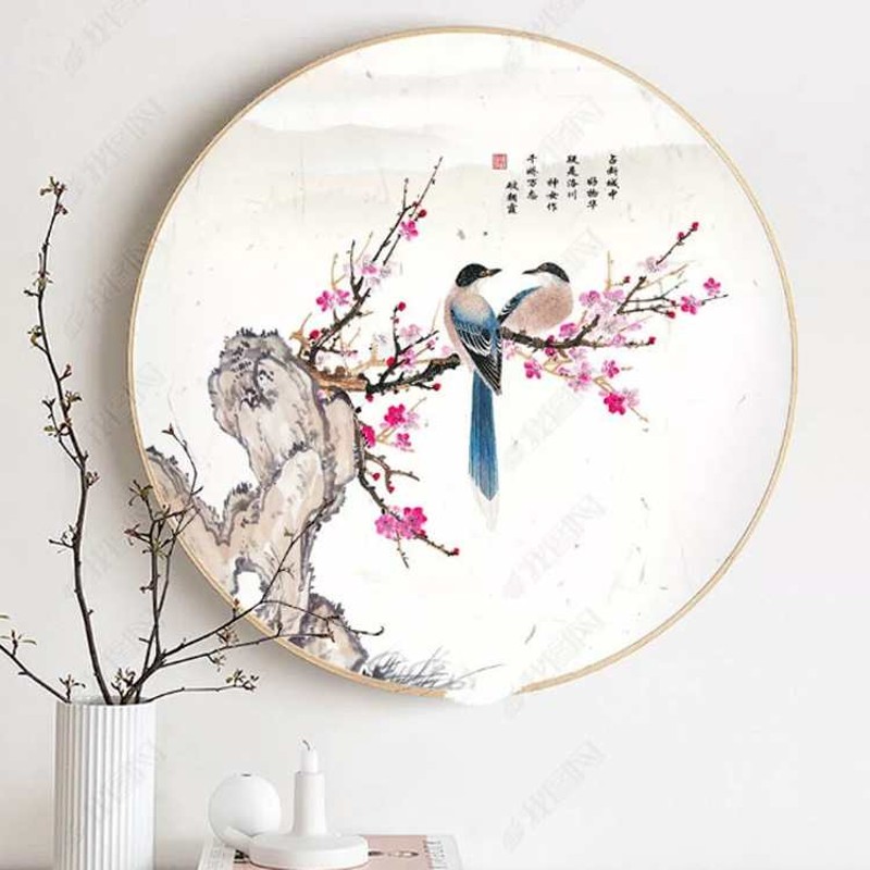 定制艺术玻璃圆形屏风隔断钢化磨砂面彩绘玄关背景墙MM山水画