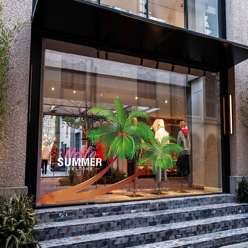 橱窗椰树海岛风绿色植物装饰氛围布置贴膜夏季促销玻璃静电贴膜