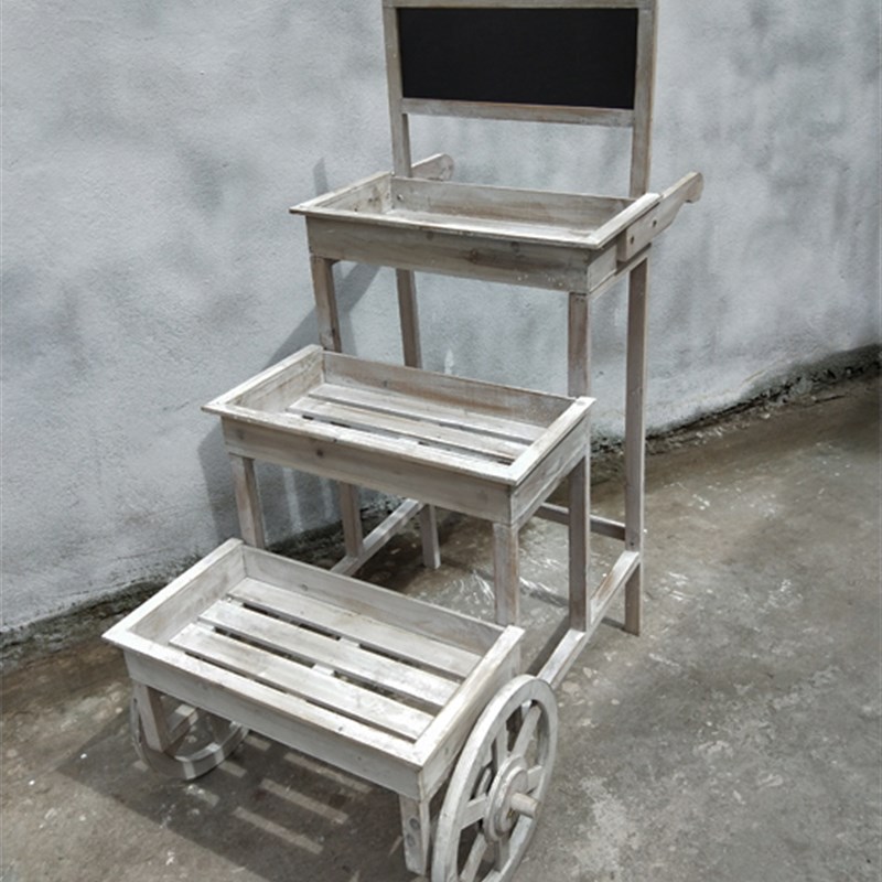 木质复古花园园艺多肉花架 做旧手推车花房花车 实木橱窗花架摆件