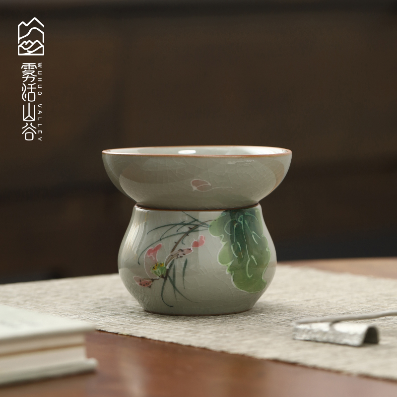 釉下彩手绘文创韵荷陶瓷茶漏茶滤