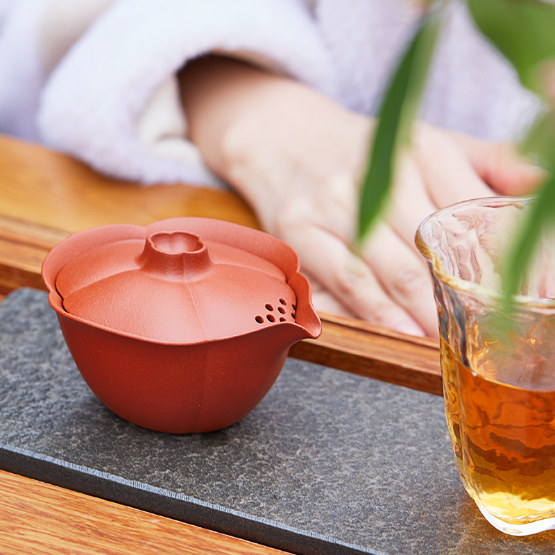 宜兴紫砂盖碗旅行套装 防烫设计过滤出水孔 原矿朱泥纯手工茶壶具