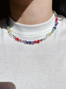 青岛出口夏日新款小众不规则彩色碎石紫黄色水晶串珠度假风项链