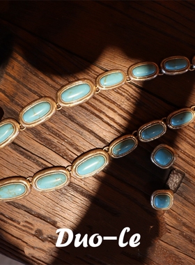 青岛出口设计师款绿色松石项链耳钉套装 中古vintage锁骨链925