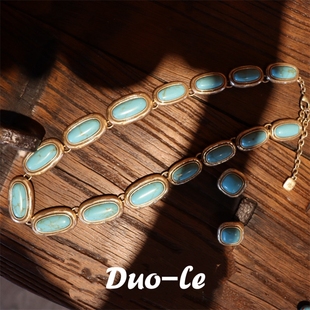 青岛出口设计师款绿色松石项链耳钉套装 中古vintage锁骨链925