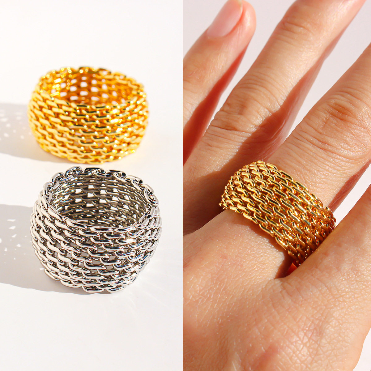 青岛出口不掉色小众设计镂空网格编织宽版戒指个性金属链条指环