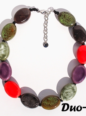 青岛原创小众设计复古老陶瓷彩色串珠项链手工打结欧美夸张项链