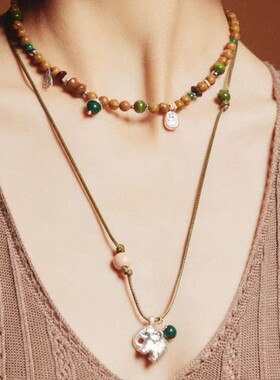 青岛出口小众设计高级小象项链女复古百搭图腾项链绿纹石串珠项链