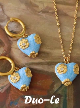 青岛出口法式精致蓝色滴油珐琅花朵爱心项链女复古轻奢时尚耳环