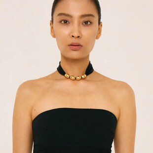 青岛出口欧美冷淡风金属圆球项链复古法式绑带锁骨链时尚小众设计