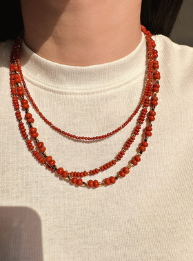 青岛出口欧美原创天然红石串珠项链飞盘扁珠方糖金珠手工锁骨链