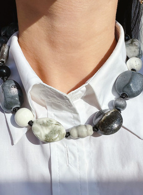 青岛出口原创设计大气黑白色陶瓷串珠夸张大项链油画晕染几何耳环