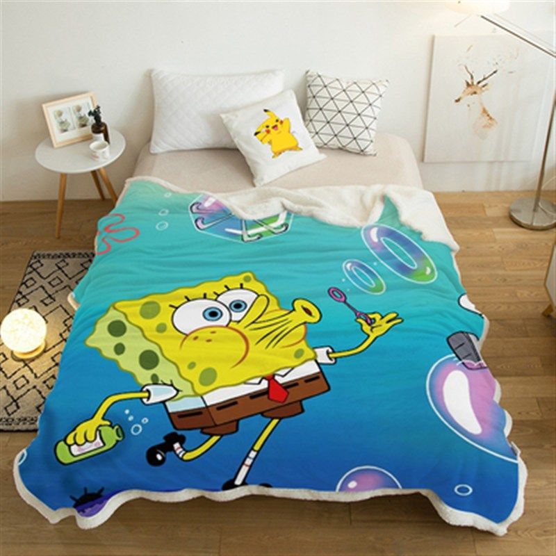 卡通海绵宝宝毛毯加绒加厚水晶绒毯子派大星午睡多用毯儿童毯沙发