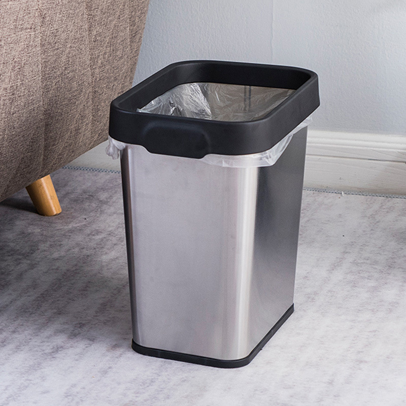 家用不锈钢无盖垃圾桶12L长方形压圈式废纸桶办公室压袋卫生桶