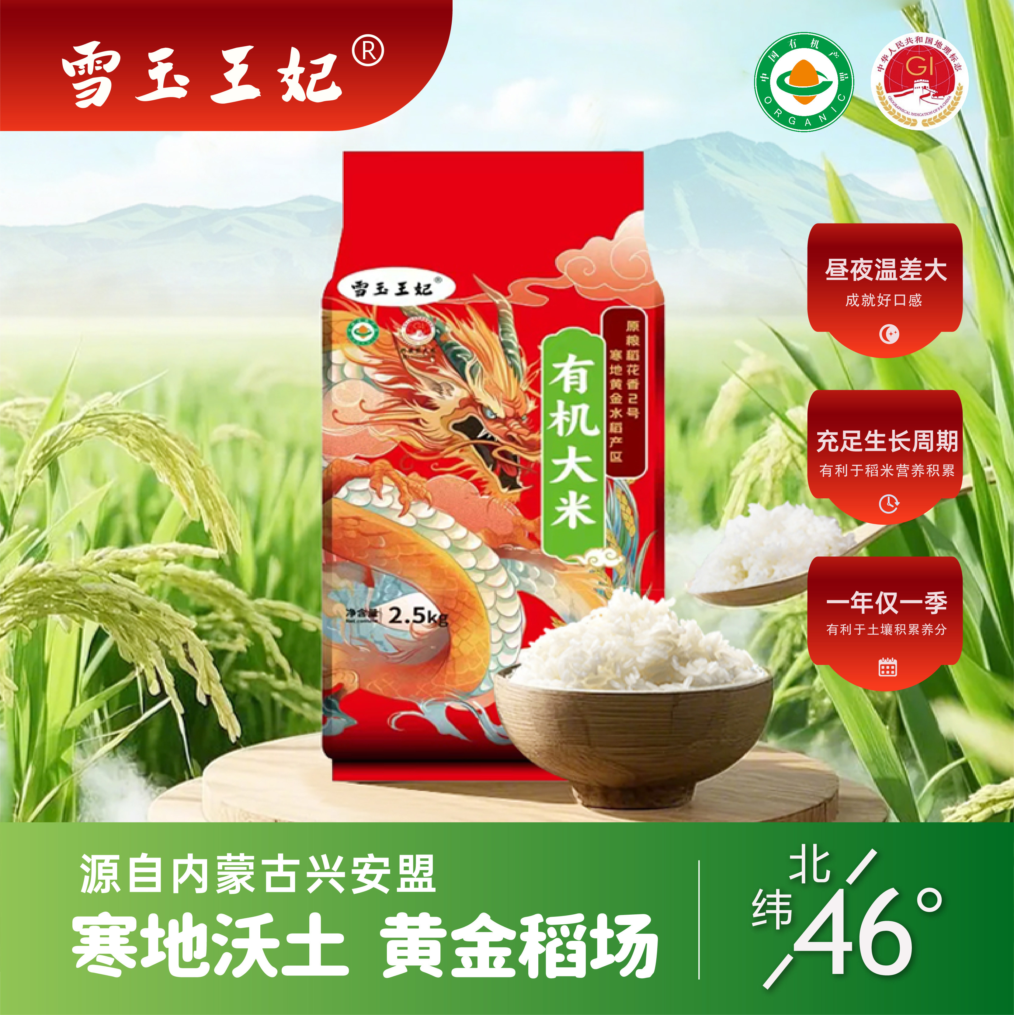 雪玉王妃内蒙古兴安盟有机大米原粮稻花香2号当季新米5kg10斤装