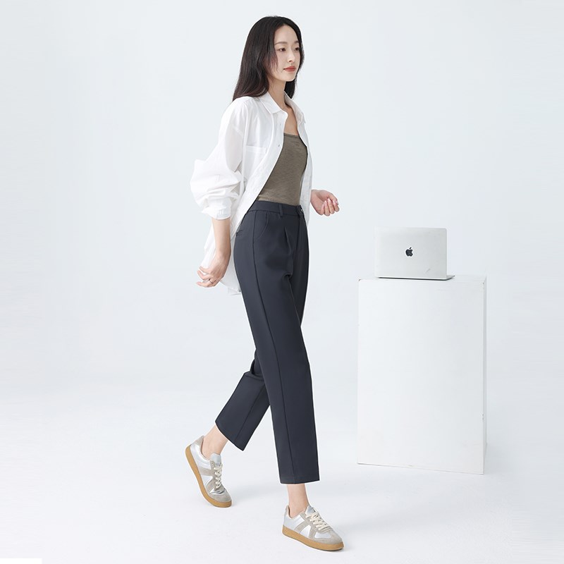 小个子职业面试正装直筒垂坠感烟管西装九分裤女2025新款夏薄款