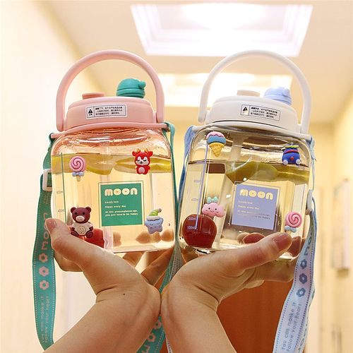 塑料杯大容量双饮口女生斜挎夏季方形水杯小学生防摔便携可爱杯子