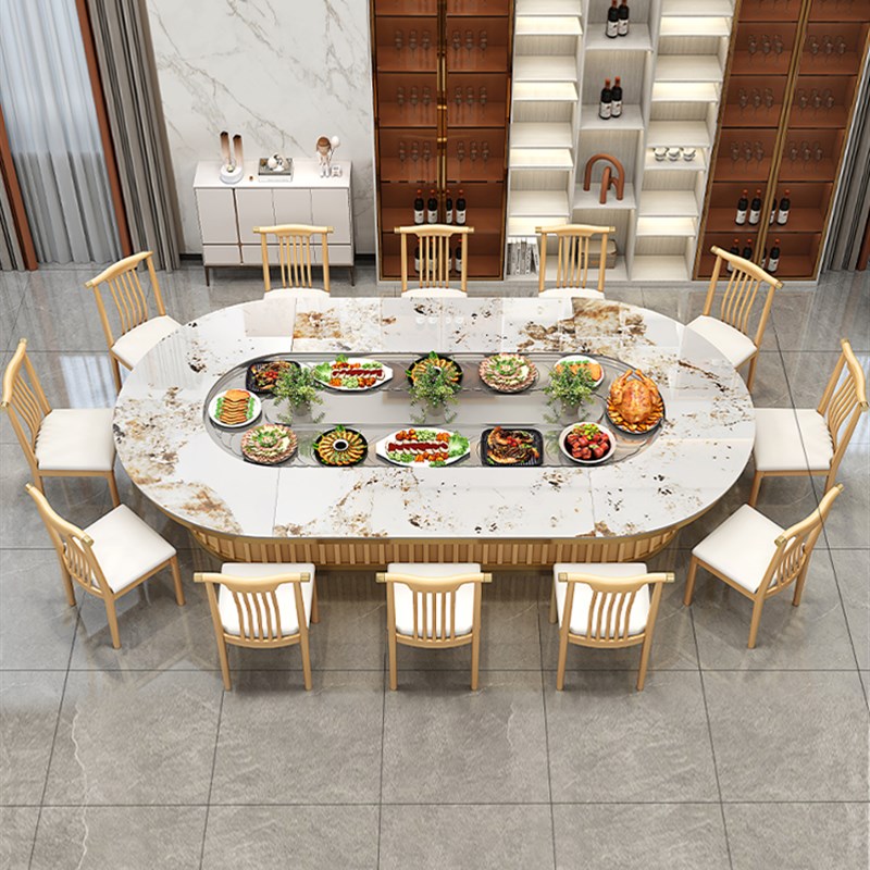 新中式椭圆形岩板电动餐桌18人20人火锅桌新中式实木长方形旋转桌