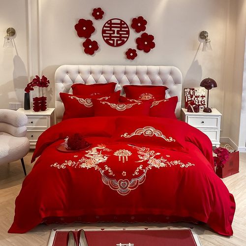 结婚大红色刺绣四件套婚庆亲肤棉被套绣花床单款时尚套件四季通用