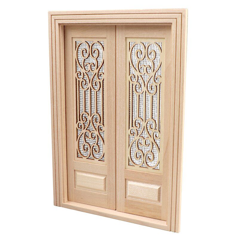 1:12迷你娃娃屋配件窗户门DOLLHOUSE双开木门可自行上色雕花沙门