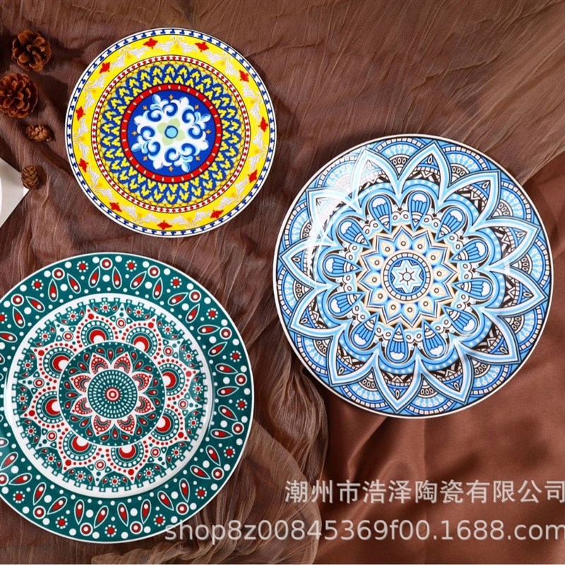 陶瓷家用餐厅酒店圆盘波西米亚风手绘盘子创意花纹西餐盘摆拍浅盘