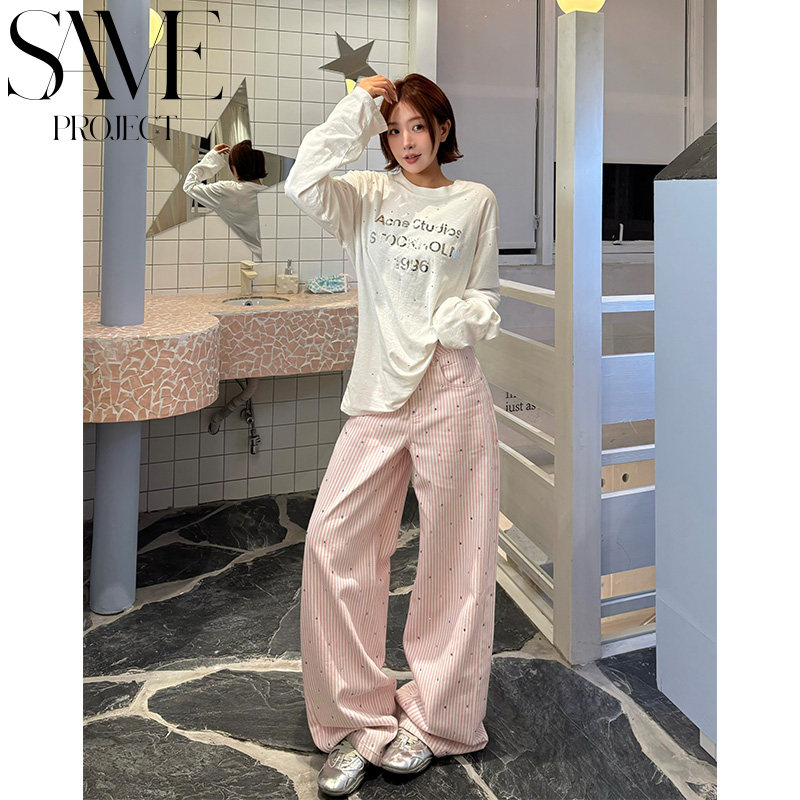 PJSM 26FW桃夭粉钻裤 「新贵感粉白条纹修身显瘦版型休闲裤」