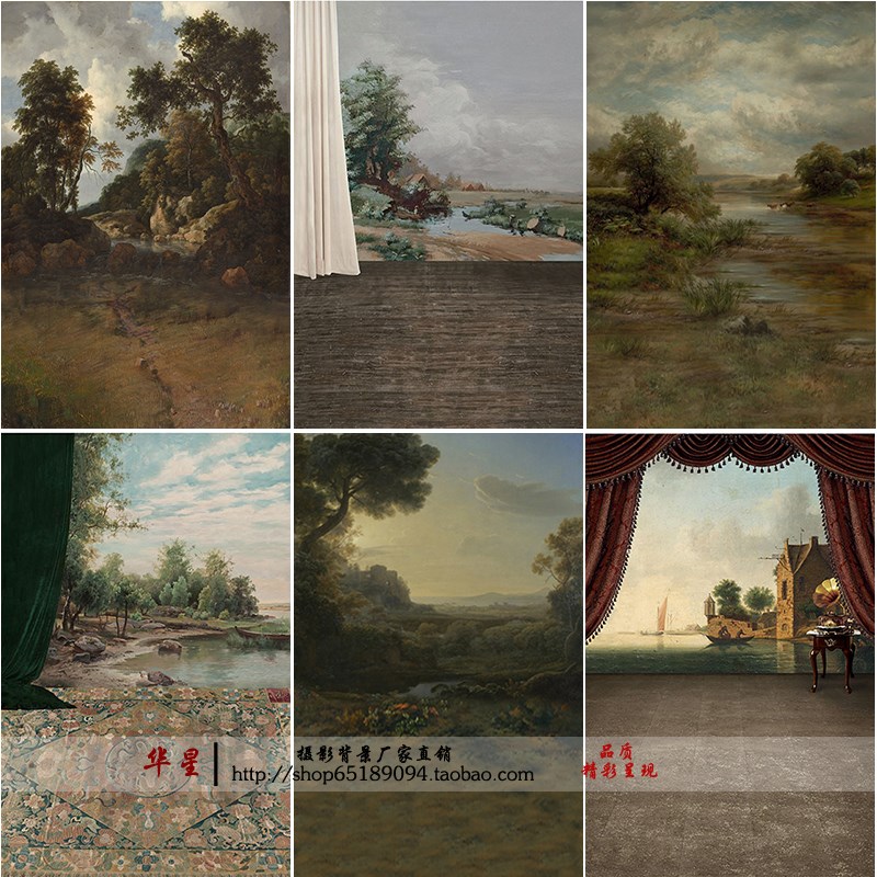 仿手绘欧美风油画风景 油画画意梦幻背景布全家福复古摄影背景纸