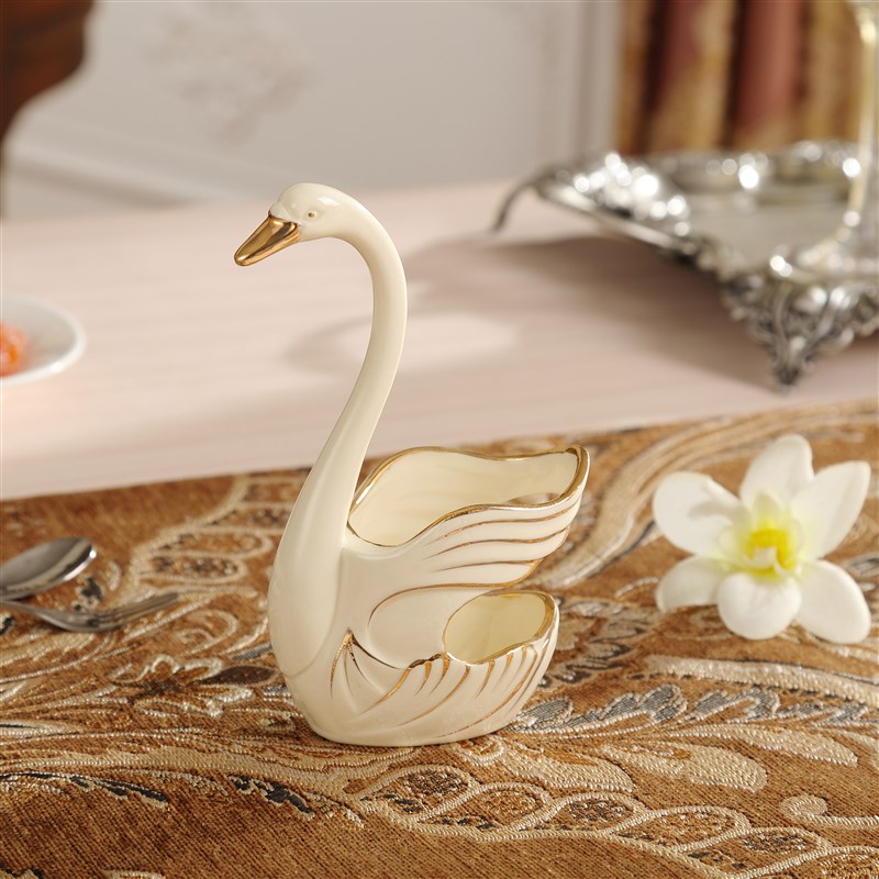 欧式陶瓷果叉架收纳架小巧黄釉天鹅造型摆件会所家居水果叉座