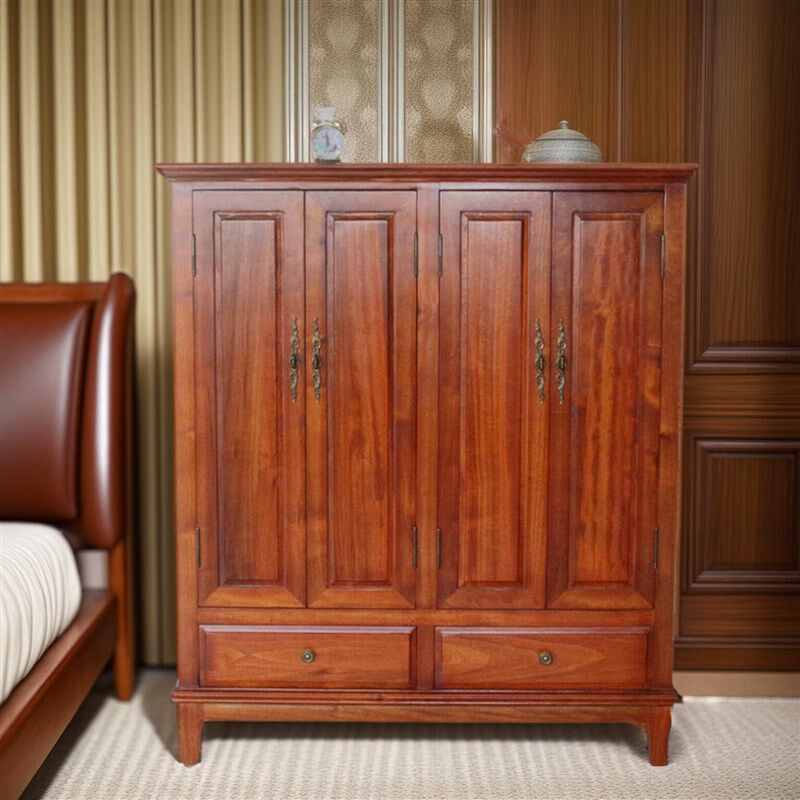 简约全香樟实木衣柜欧式四门挂衣收纳橱儿童小柜子1.20米整装家具