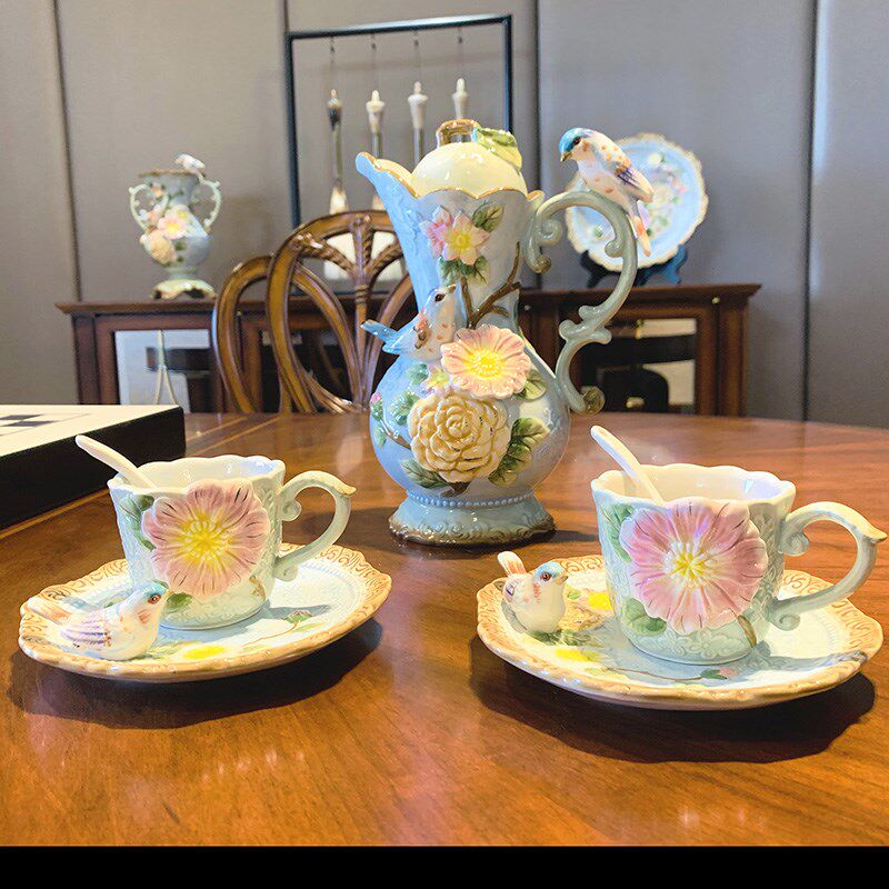 欧韵青客厅茶具组欧韵青法式新蓝绿色咖啡装茶壶茶杯