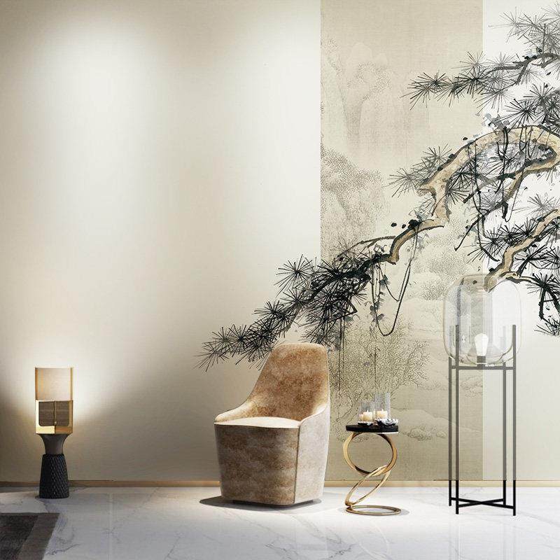 现代中式松枝仙鹤意境电视背景墙纸客厅茶室装饰壁纸禅意壁画手绘,家装主材,定制壁画,淘宝优惠券,粉丝福利购,淘宝优惠卷