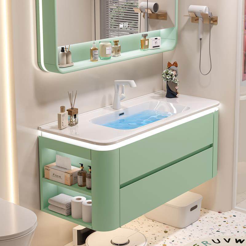 奶油风橡木可丽耐一体盆浴室柜洗手洗脸盆柜组合卫生间实木洗漱台