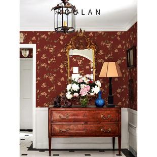 电影同款墙纸复古红色美式碎花壁纸客厅卧室电视背景墙定制墙布