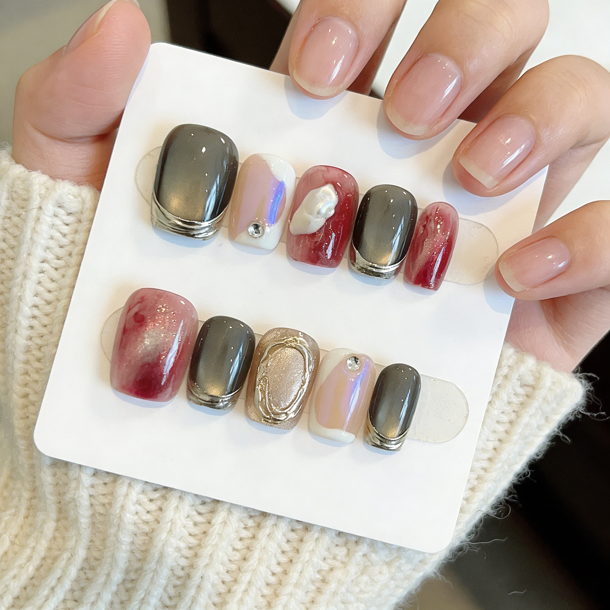 【珠光碧玉】玻璃珠晶石猫眼INS风立体花瓣纯手工可拆卸穿戴美甲