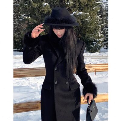 黑色显瘦毛呢外套2024冬季中长款收腰可拆卸毛毛呢子大衣女赫本风