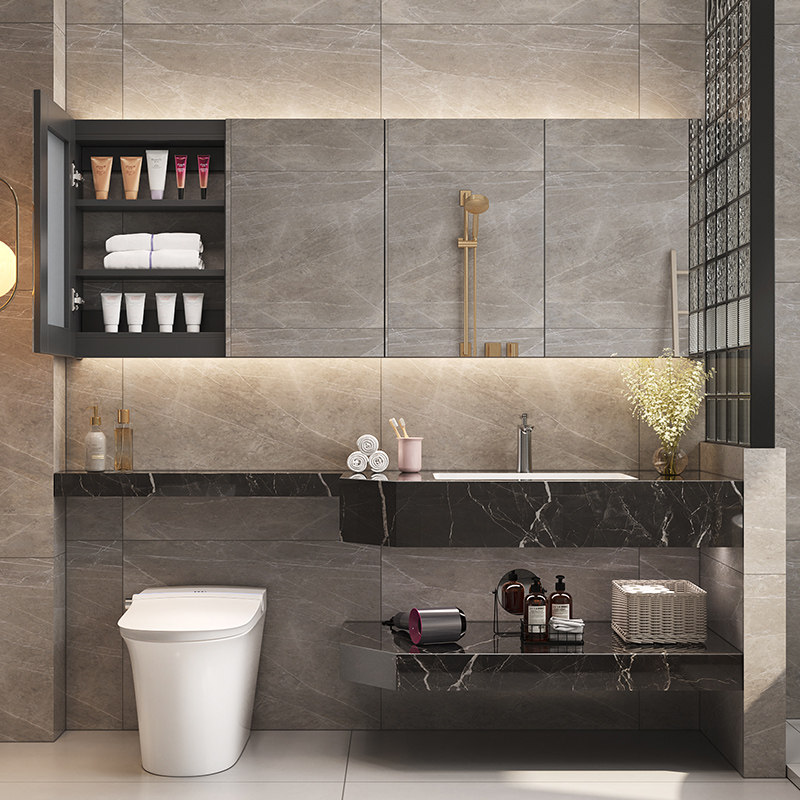 层岩板陶瓷无缝盆浴室柜洗脸盆柜洗手池延长切角定制