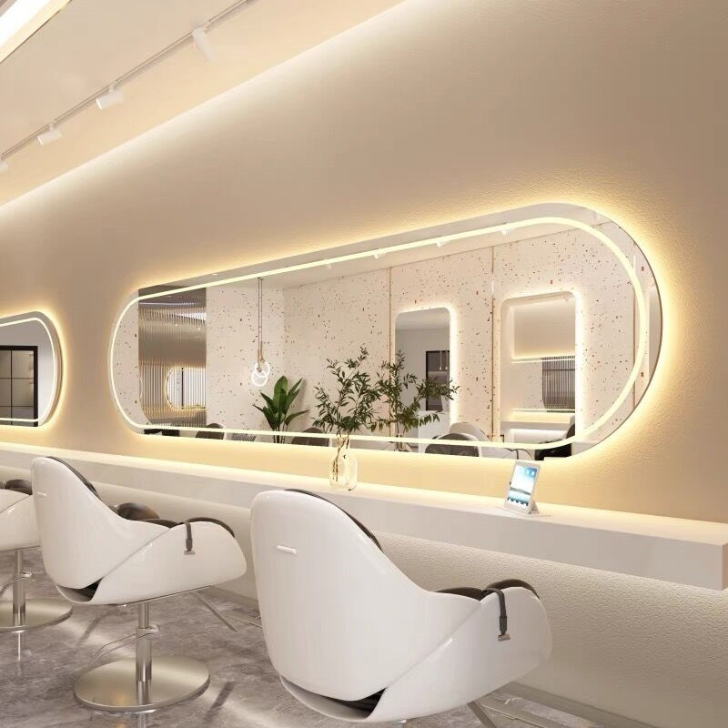 理发店美发镜台染烫区横挂大通镜长镜单面一体挂墙灯镜无边框