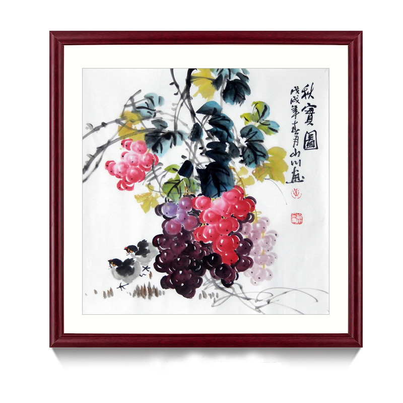 名家手绘花鸟画定制柿子图事事如意斗方餐厅玄关走廊装饰实木画框图片