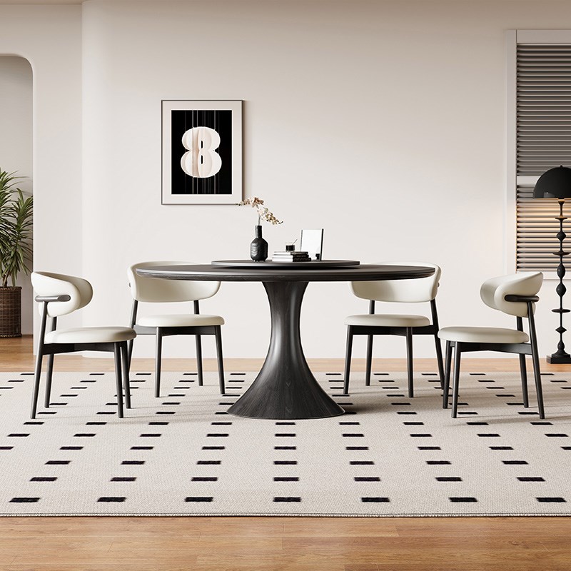 法式复古圆形岩板餐桌椅意式极简小户型家用带转盘黑色圆桌