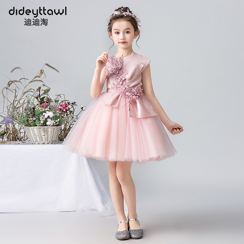 儿童礼服公主裙女童主持走秀蓬蓬纱小女孩洋气生日演出服短款粉色