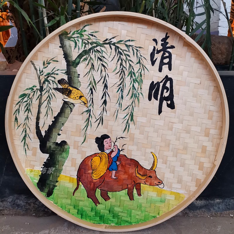手绘竹编簸箕画二十四节气农家乐挂件幼儿园竹匾乡村背景墙面装饰图片