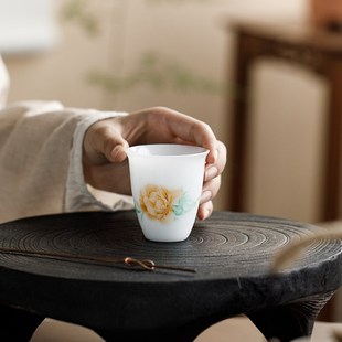 冰种手绘羊脂玉茶杯陶瓷主人杯单杯品茗杯茶盏白瓷功夫茶家用大号