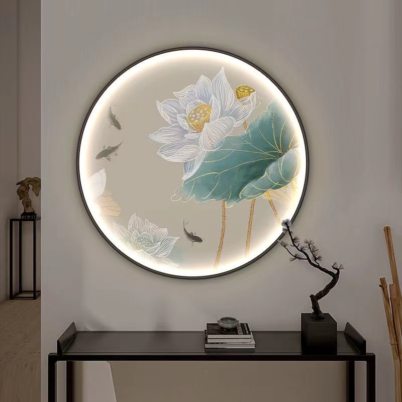 新中式花卉圆形灯画玄关书房背景装饰画茶室水墨风景意境荷花圆画图片