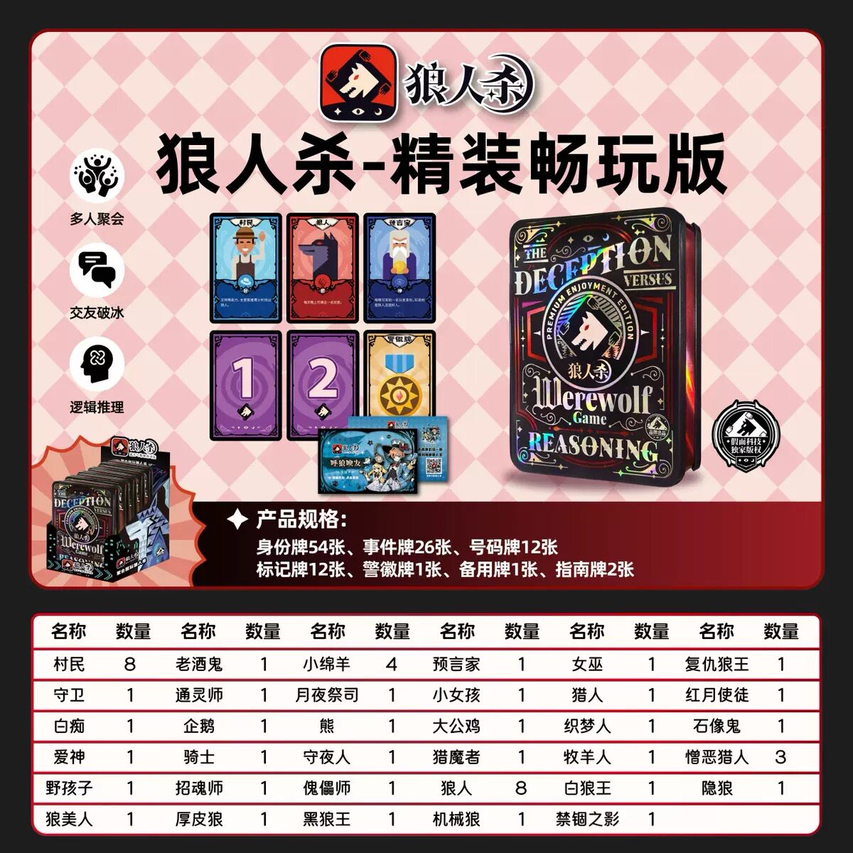 2026正版狼人桌游杀卡牌全套休闲聚会桌游含号码牌天黑请闭眼游戏