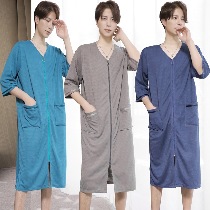 2024新品睡裙女夏季薄款浴裙拉链连体情侣睡衣男生宽松可外穿浴袍