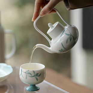 手绘兰花渐变蓝功夫茶具陶瓷提梁壶家用球孔过滤白瓷茶壶茶杯