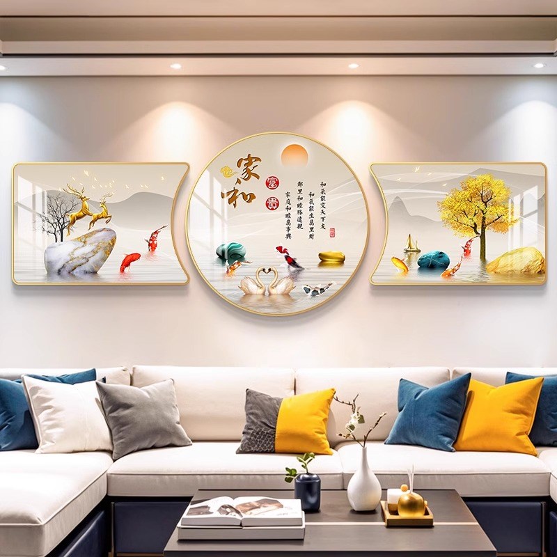 客厅装饰画三联沙发背景墙挂画现代简约大气圆形壁画大白墙装饰画图片