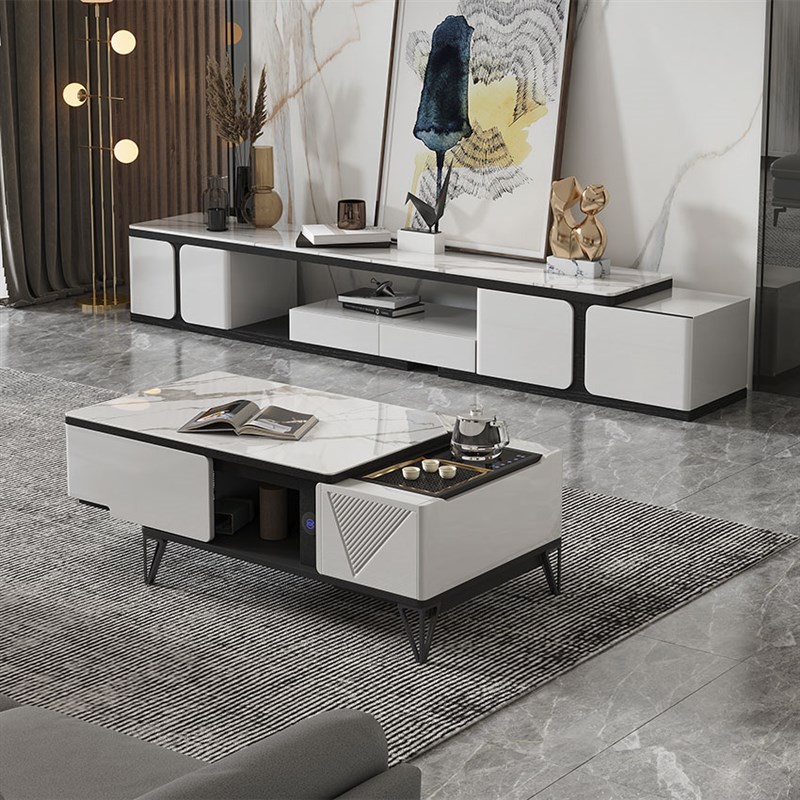 意式极简智能电动升降功夫茶几电视柜组合方形岩板现代家用小户型