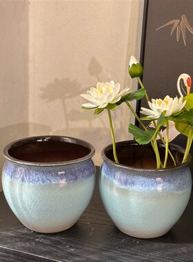 微莲盆复古陶瓷微型碗莲盆微莲盆陶瓷铜钱草花盆水培无孔花盆