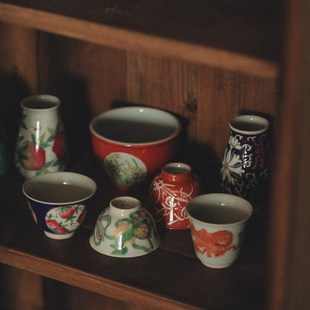 手绘临古粉彩主人杯 凹凸集 中式 釉下彩茶杯文人茶道具
