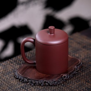 宜兴纯原矿手工紫砂杯带盖杯子泡茶办公杯定制刻V字老紫泥大容量